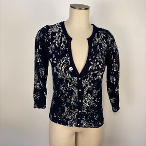 White House Black Market Womens S Navy Blue Floral Cardigan Sweater Snap Front